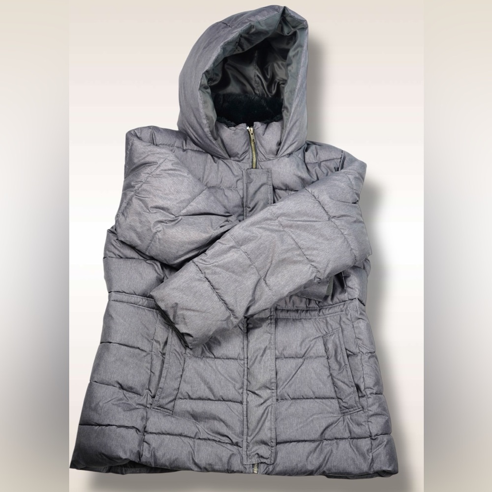 GAP Mid Puffer Jacket Silver Heather Hooded Faux-Fur Lined – Women’s Size XL - Picture 9 of 17